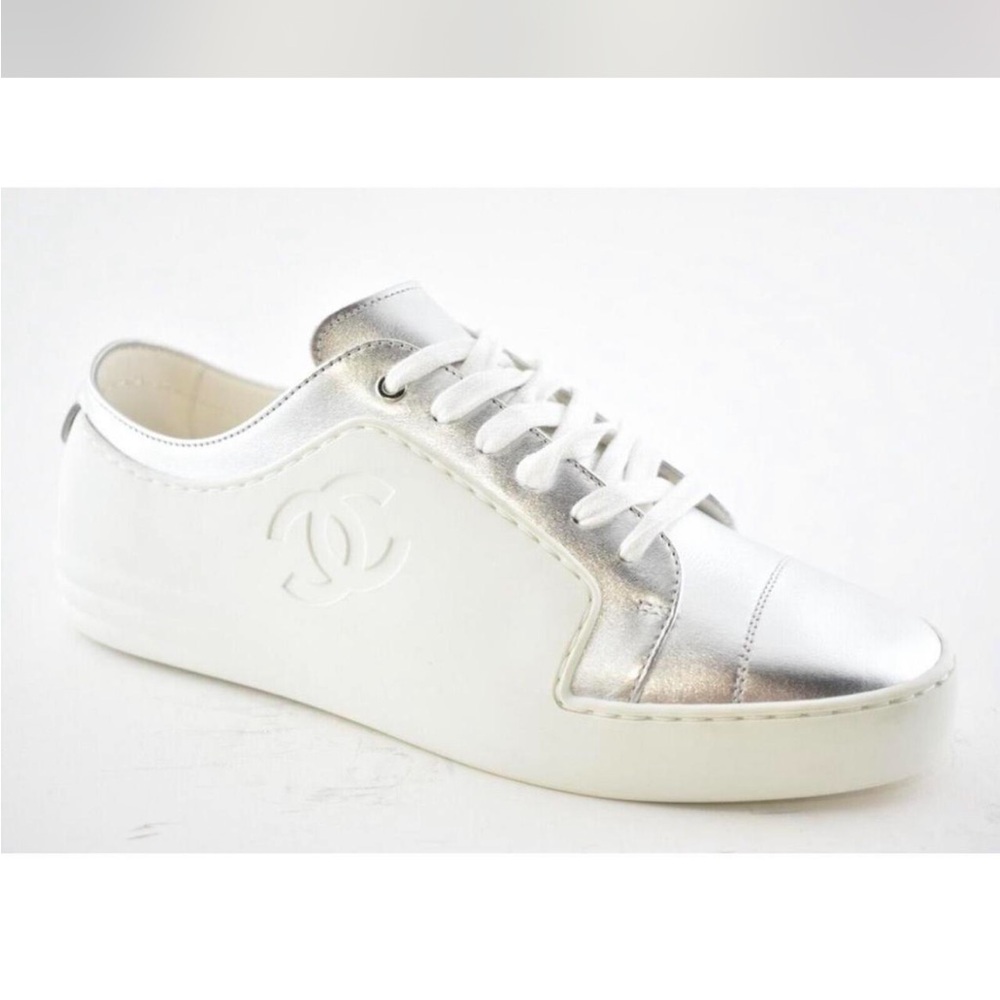 Chanel Silver and White Sneakers with Minimalist Design